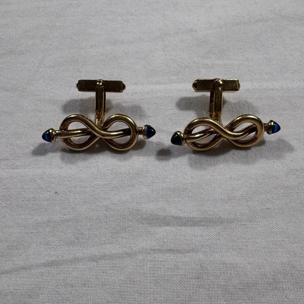 14K Gold Knot Cufflinks with Blue Stones Mens Formal Wear